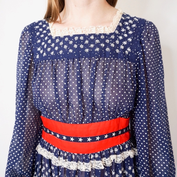 Vintage Americana Lace Peasant Maxi Dress Blue Red - Picture 7 of 8
